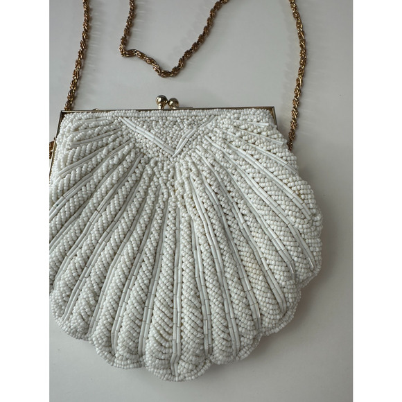 Vintage Walborg Mini Beaded Satin Clamshell Gatsby Purse Gold Color Chain Strap - Picture 6 of 13